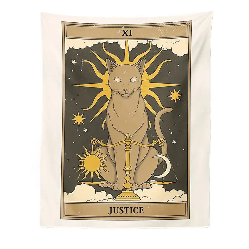 Beige cat with golden sun rays and celestial design on justice scales in cat divination tarot tapestry wall decor