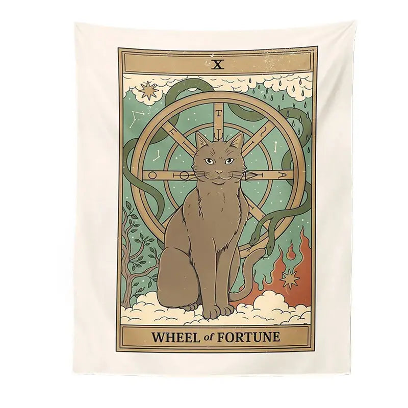 Beige boho cat divination tapestry featuring a brown cat and golden wheel with celestial motifs for bedroom decorbites cat divination