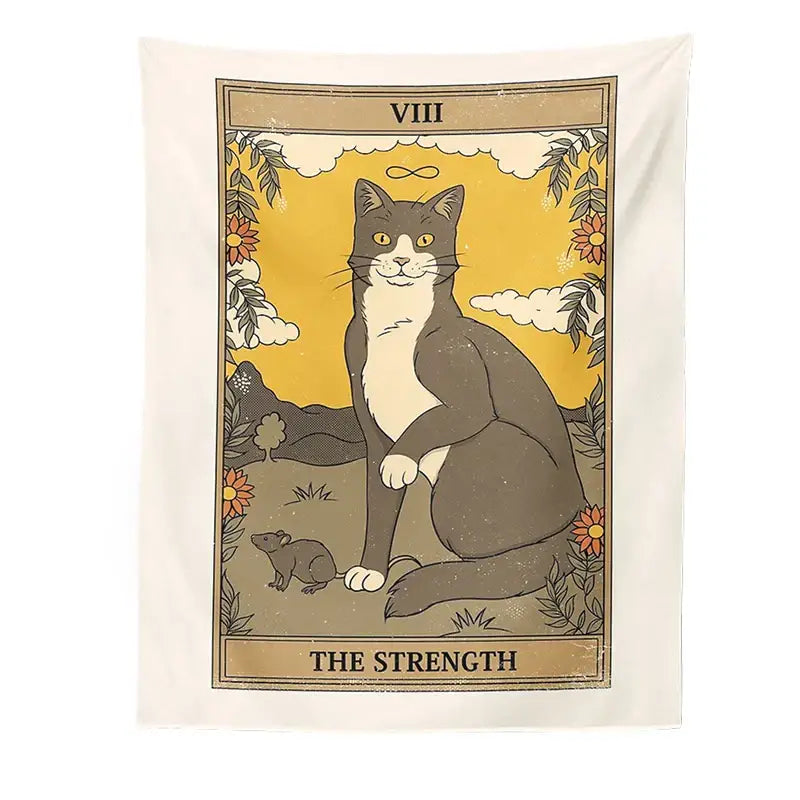 Beige boho cat divination tapestry with gray white cat illustration and floral motifs for bedroom wall hanging decorbites cat divination