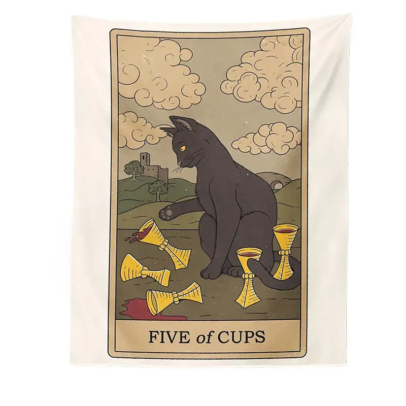 Boho cat divination tapestry wall hanging with black cat illustration five of cups tarot card decorbites cat divination