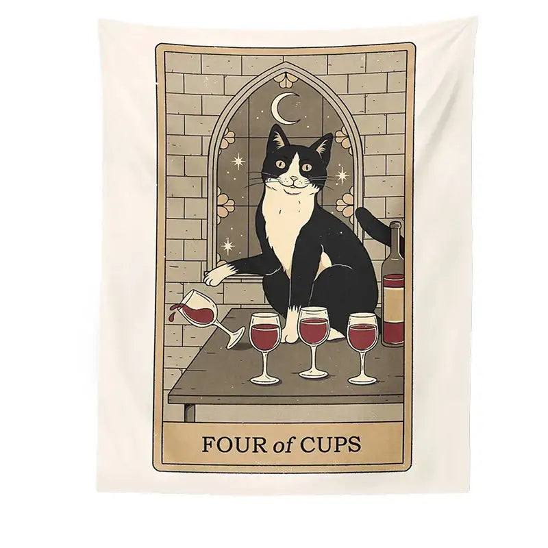 Boho cat divination black and white tapestry featuring four of cups divination tarot card for bedroom wall hanging decorbites cat divination
