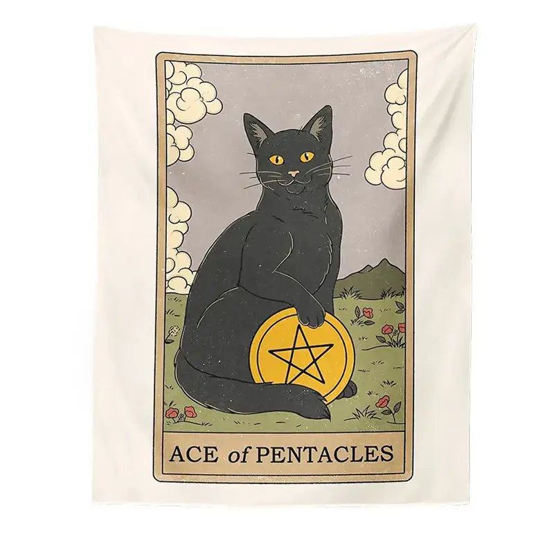 Boho cat divination tapestry featuring a black cat with yellow eyes on ace of pentacles tarot card for bedroom decorbites cat divination