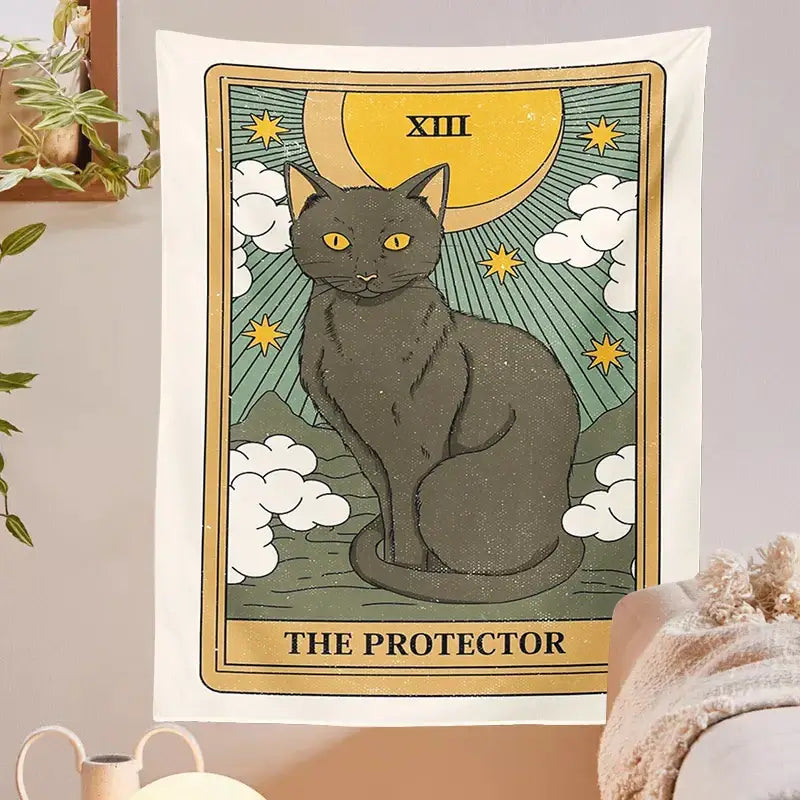 Black cat with glowing yellow eyes on a boho cat divination tarot card tapestry bedroom wall hanging decorbites cat divination