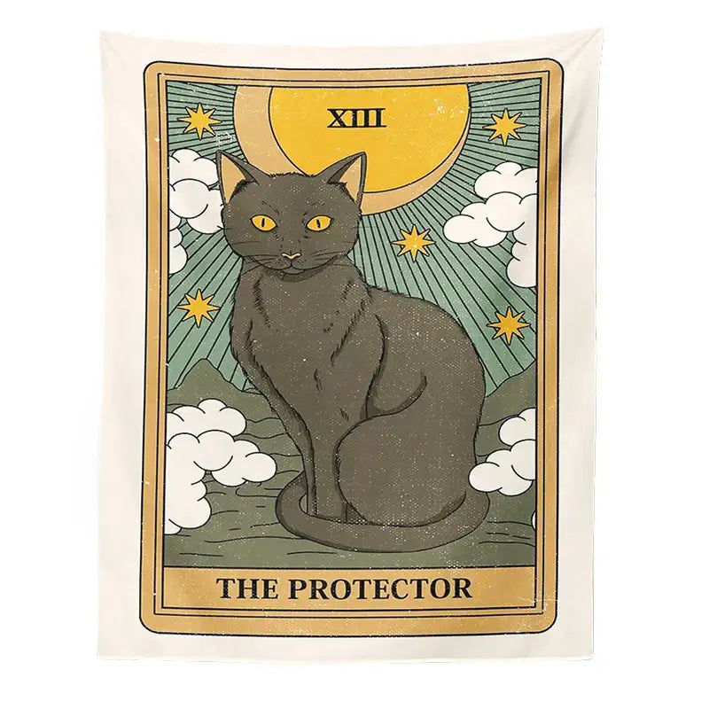 Black cat with yellow eyes on a vintage boho divination tarot card tapestry wall hanging for decorbites cat divination