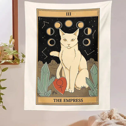 Cream-colored boho cat divination tapestry featuring the empress tarot card with celestial moons crystals and heart symbol wall decor