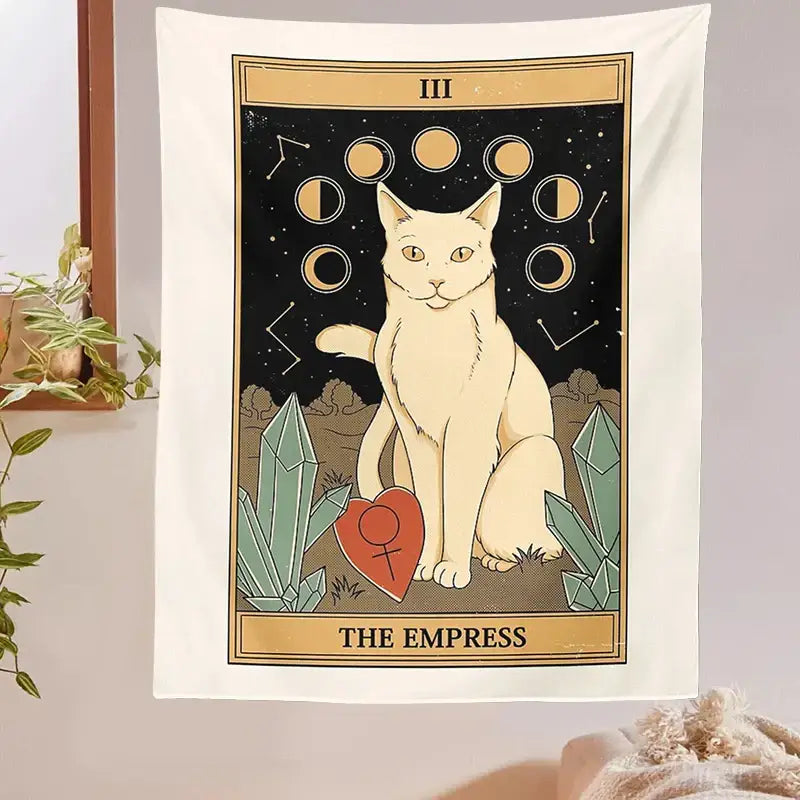 Cream-colored boho cat divination tapestry featuring the empress tarot card with celestial moons crystals and heart symbol wall decor