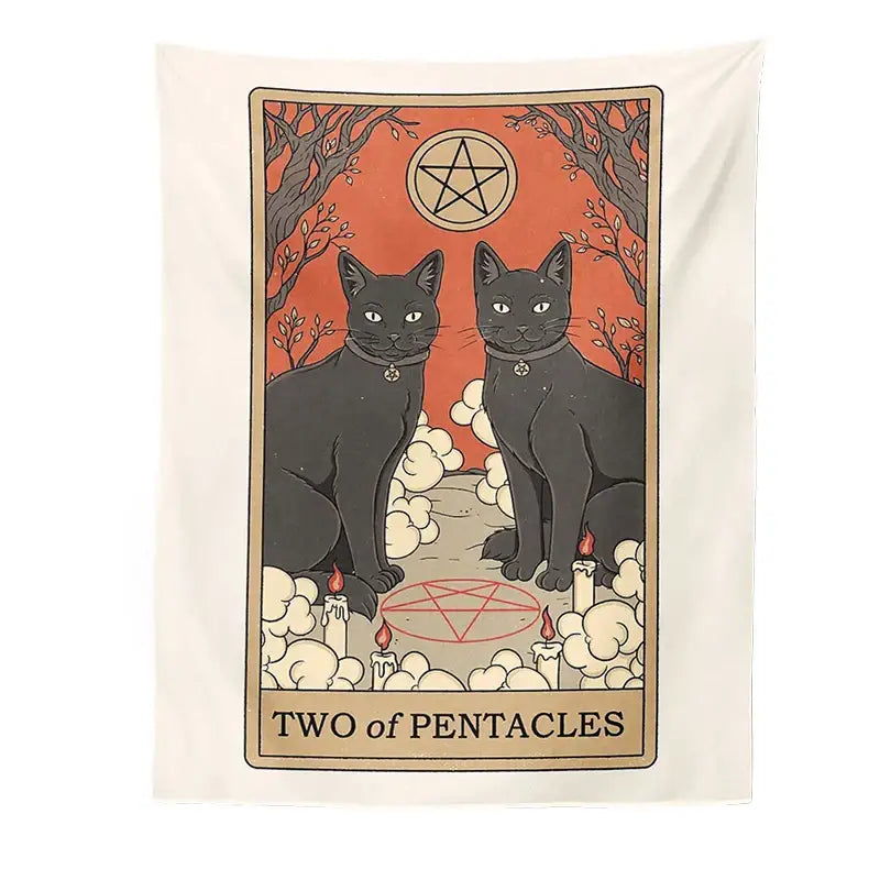 Cream-colored boho cat divination tapestry with tarot card design featuring black cats candles and pentacles on orange background