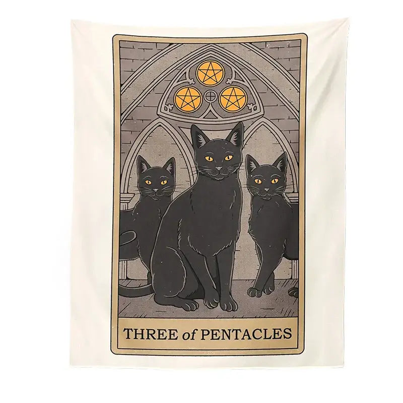 Cream-colored boho cat divination tapestry with three black cats and golden pentacles for bedroom wall decorbites cat divination