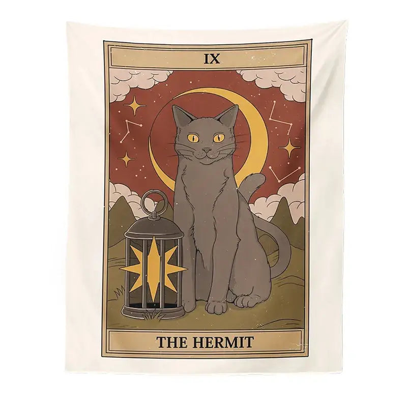 A cream-colored boho cat divination tapestry featuring a hermit tarot card with gray cat lantern stars and mountains decorbites