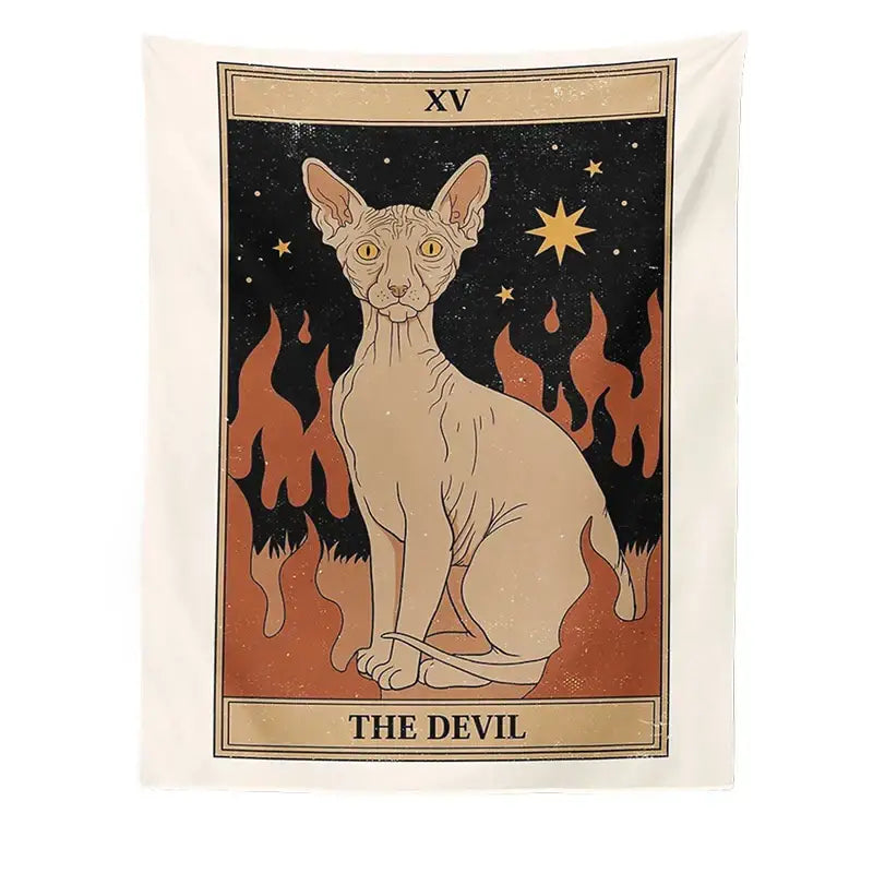 Boho cat divination tarot card tapestry featuring a cream sphynx cat amid orange flames for bedroom wall decorbites cat divination