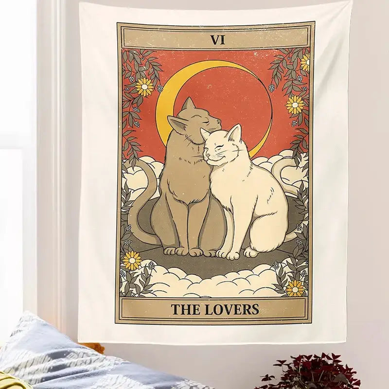 Cream-colored boho cat divination tapestry with illustrated two cats divination tarot card design and floral borders