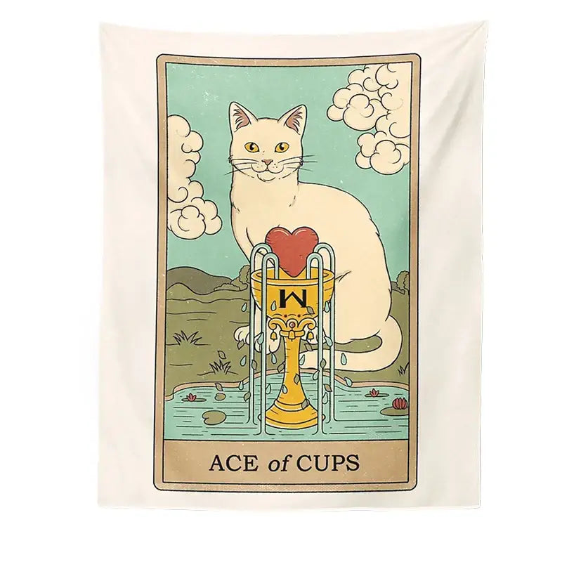 Cream-colored tapestry featuring ace of cups divination tarot card with off-white cat for decorbites cat divination