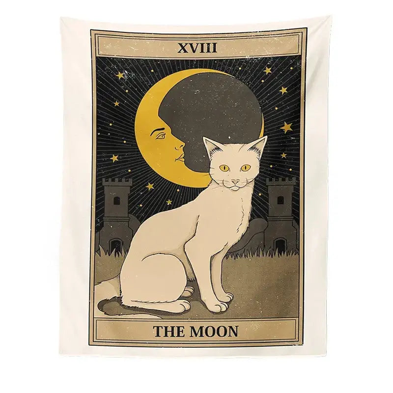 Cream-colored boho cat divination tapestry featuring a white cat and moon tarot card for bedroom wall hanging decorbites cat divination