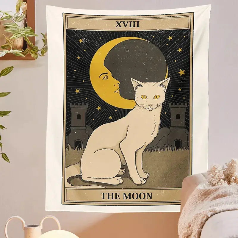 A cream-colored boho cat divination tarot card tapestry featuring a white cat under a crescent moon with gold borders