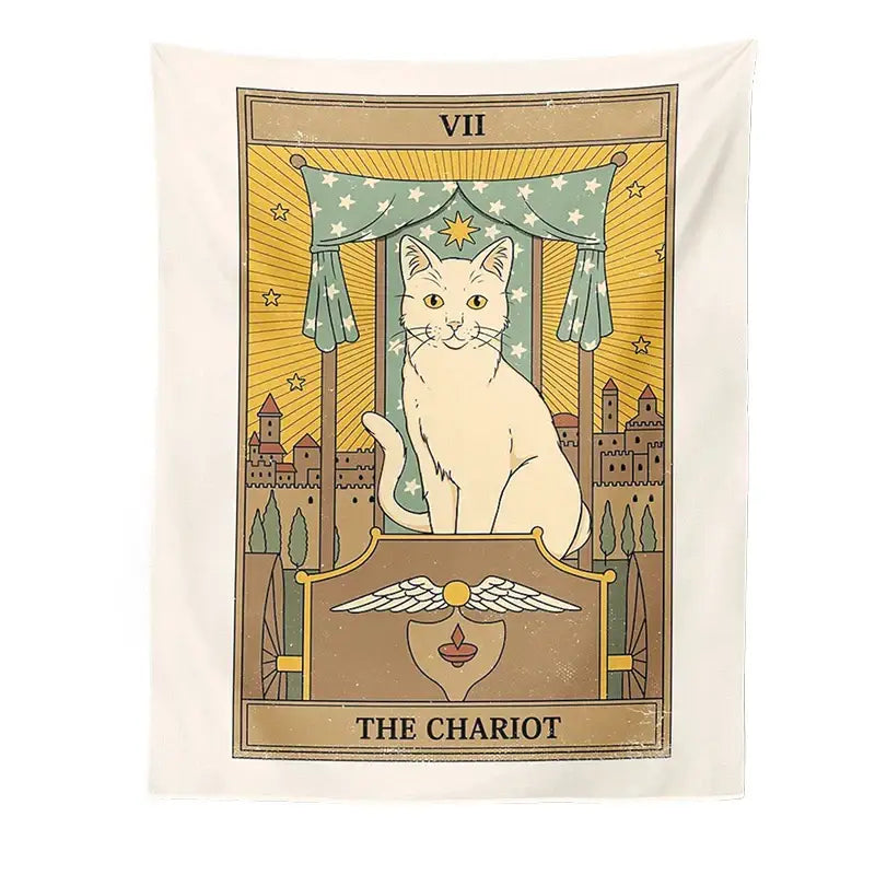 Cream-colored boho cat divination tapestry featuring chariot tarot card with white cat and golden rays for bedroom decorbites wall hanging