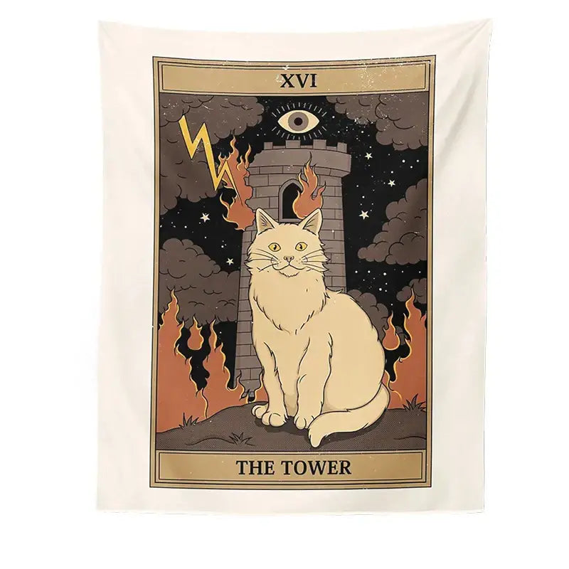 Cream-colored cat divination tapestry featuring a fluffy white feline and the tower tarot card for bedroom decorbites cat divination