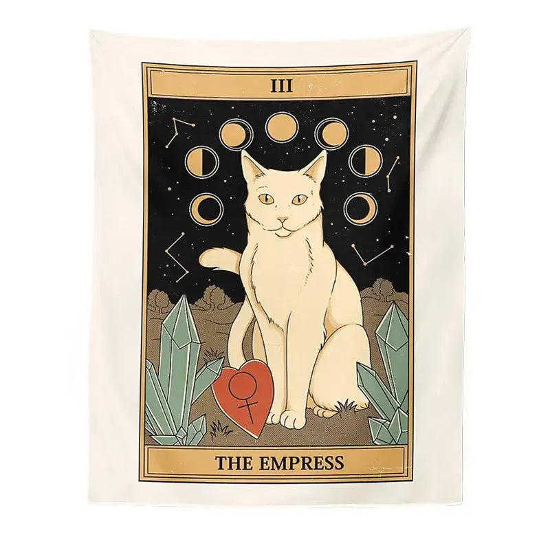 Cream-colored boho cat divination tapestry featuring the empress tarot card with moons crystals and a red heart wall decor