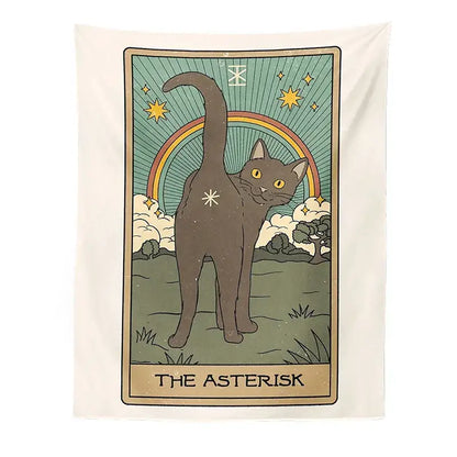 Cream-colored boho cat divination tapestry with gray cat, rainbow, and stars for bedroom wall hanging decorbites cat divination