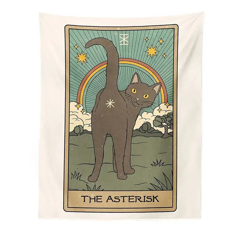 Cream-colored boho cat divination tapestry with gray cat, rainbow, and stars for bedroom wall hanging decorbites cat divination