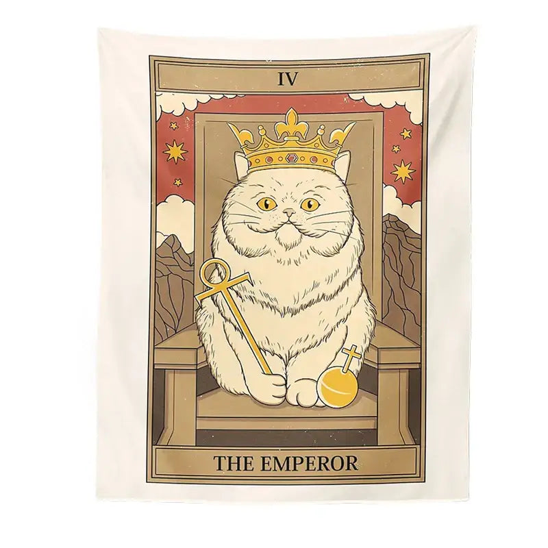 Cream-colored boho cat divination tapestry featuring a fluffy white cat with golden crown and ornate key decorbites cat divination
