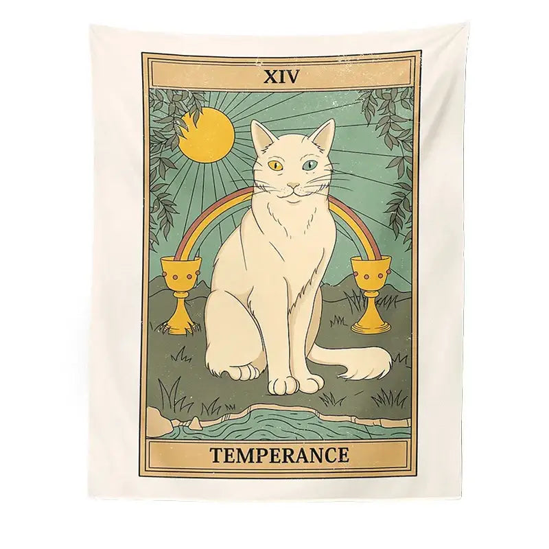 Cream-colored boho cat divination tapestry with white cat and tarot card design for bedroom wall hanging decorbites cat divination