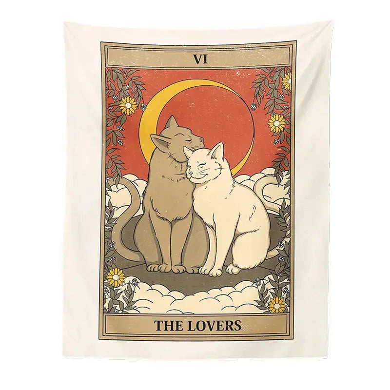 Cream-colored boho cat divination tapestry featuring illustrated two cats tarot card the lovers for bedroom wall decorbites cat divination