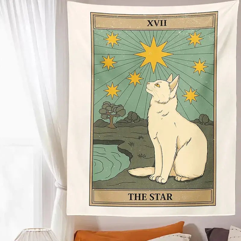 A cream-colored boho cat divination tapestry with a white cat under yellow stars on teal background for bedroom decor