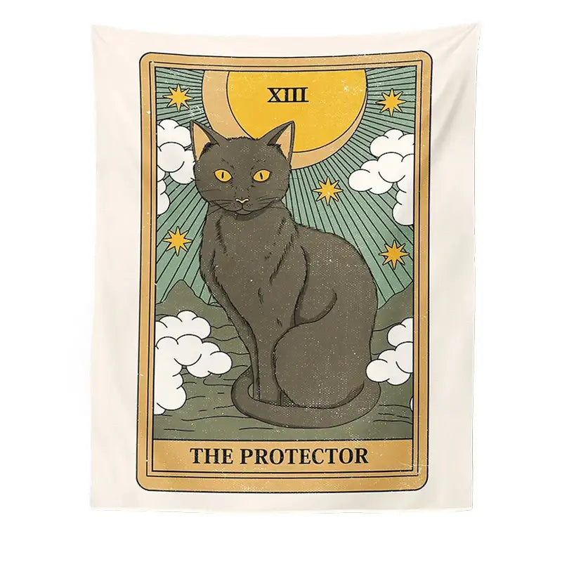 Cream-colored boho cat divination tapestry featuring a black cat tarot card design the protector with roman numeral xiii wall hanging