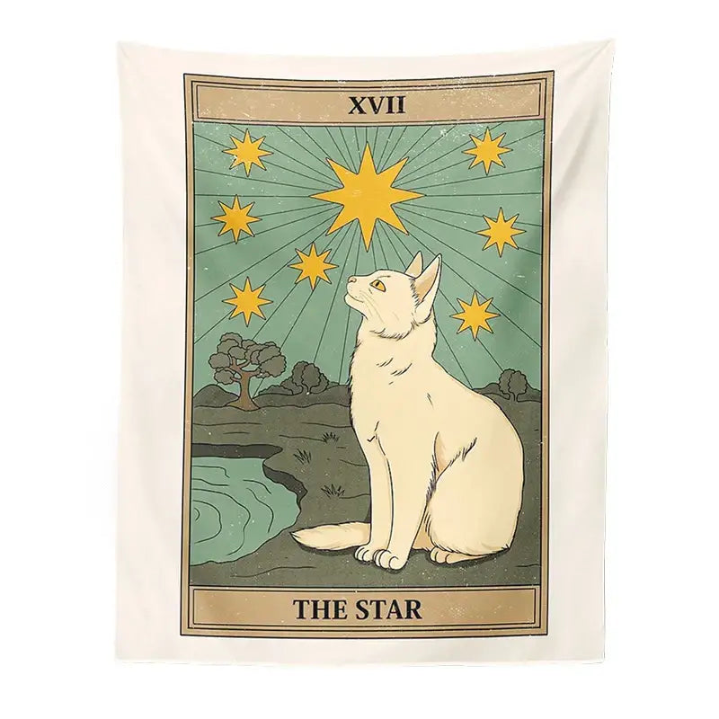 A cream-colored boho cat divination tapestry featuring a white cat under yellow stars for bedroom wall decorbites cat divination