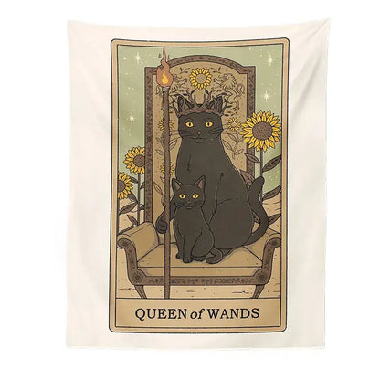 Cream-colored boho cat divination tapestry featuring two black cats and sunflowers for bedroom wall hanging decorbites cat divination
