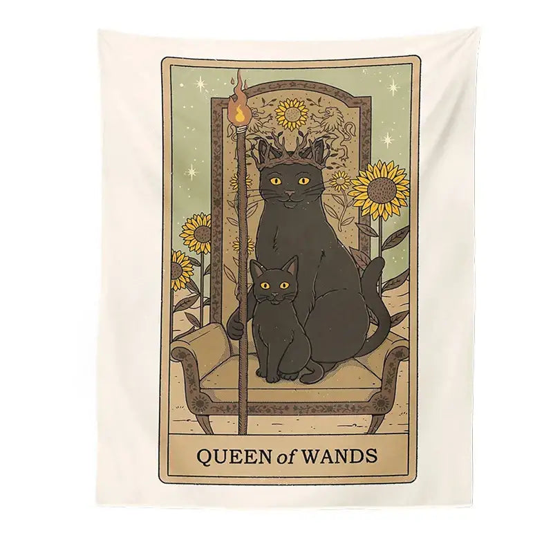 Cream-colored boho cat divination tapestry featuring two black cats and sunflowers for bedroom wall hanging decorbites cat divination