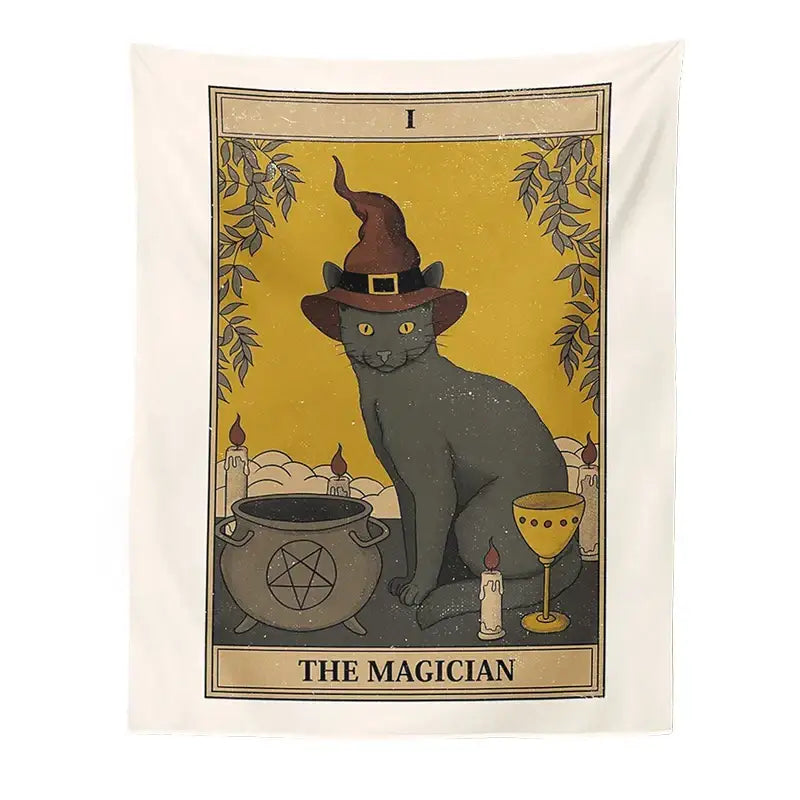Boho cat divination tarot card tapestry featuring a gray cat in a witch hat for bedroom wall hanging decorbites cat divination