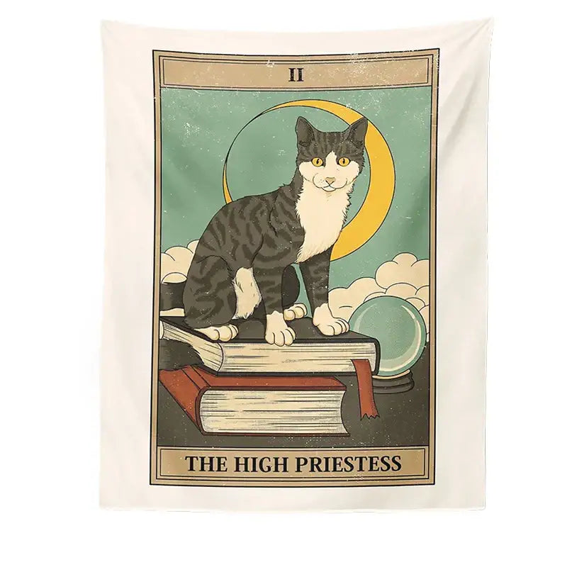 Boho cat divination tapestry featuring a black and white tabby on books in a divination tarot card design wall decor