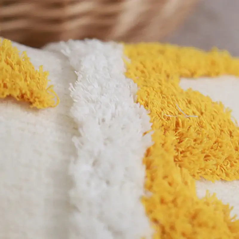 Boho chenille tufted pillow case in cream and mustard with plush textured yarn tufts for living room decorbites decor