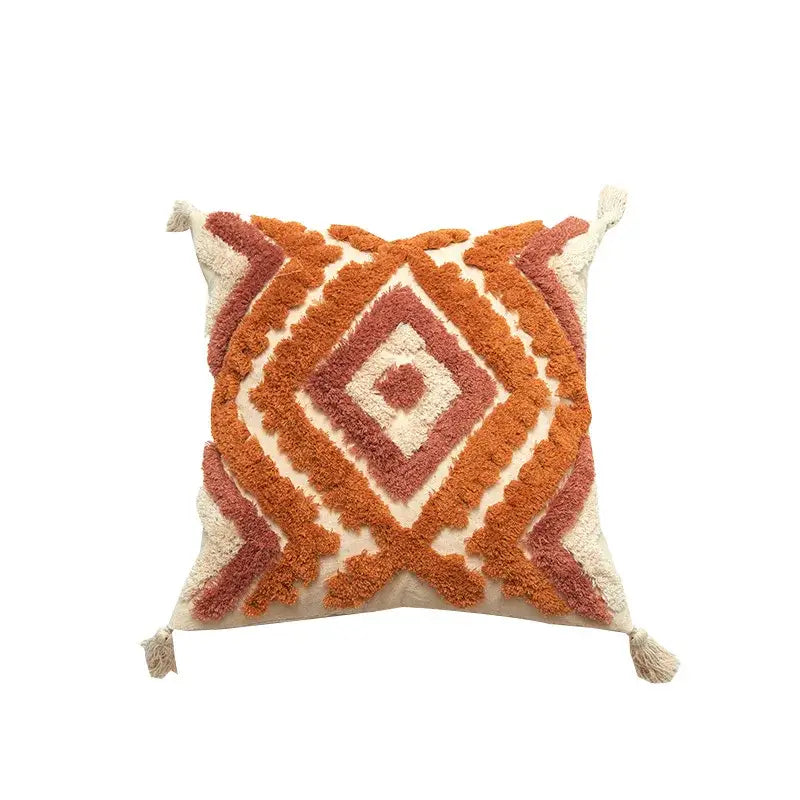 Boho chenille tufted pillow case in terracotta and cream with geometric pattern and tassels for living room decorbites decor