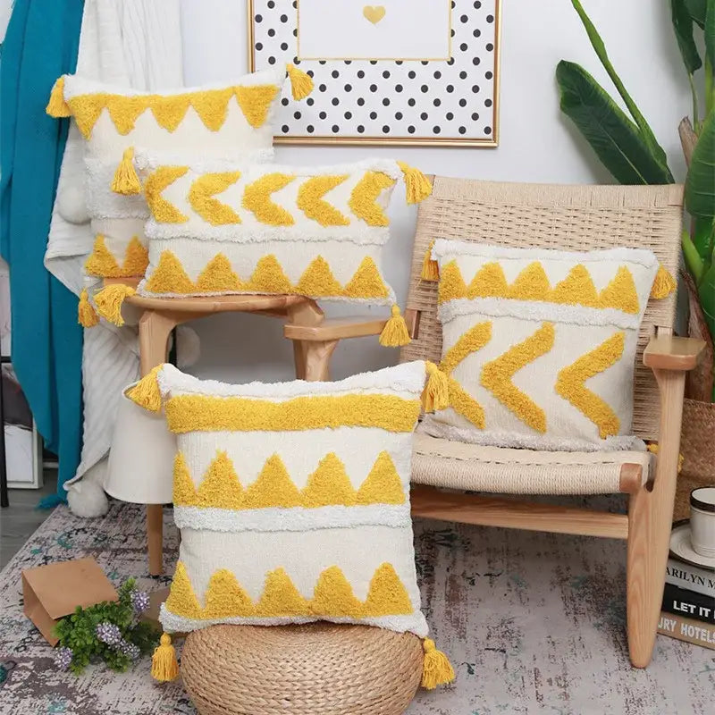 Yellow and white textured boho chenille tufted pillow case with tassels for living room decor by decorbites
