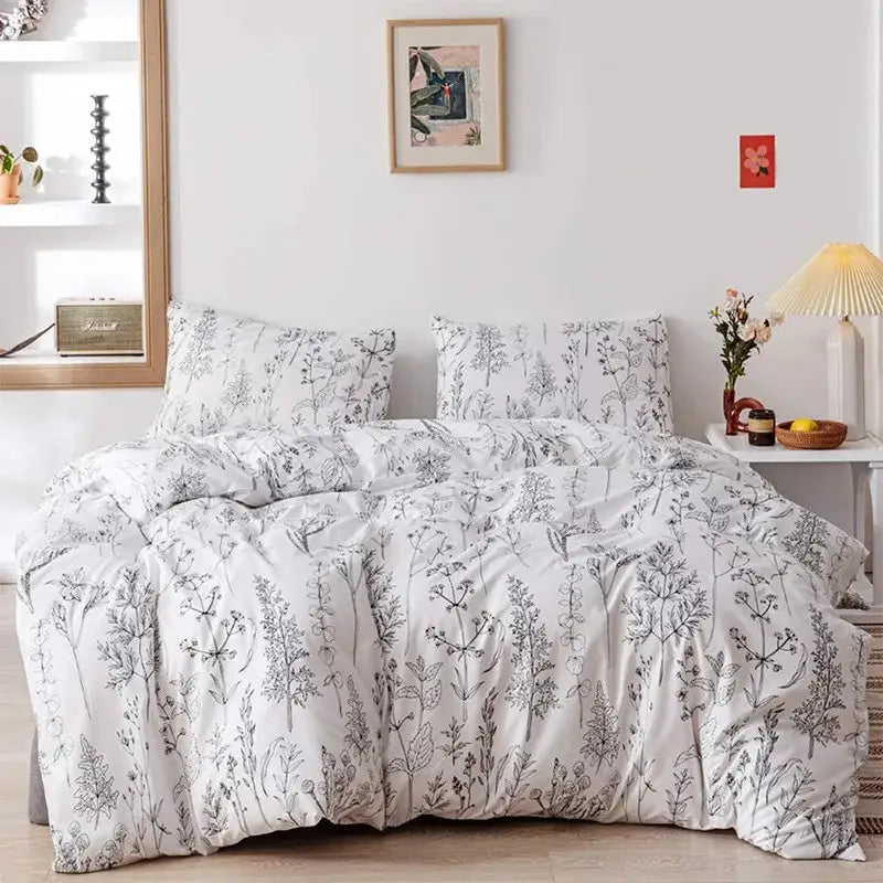 White duvet cover bedding set with delicate black botanical illustrations for decorbites boho chic bedroom decor
