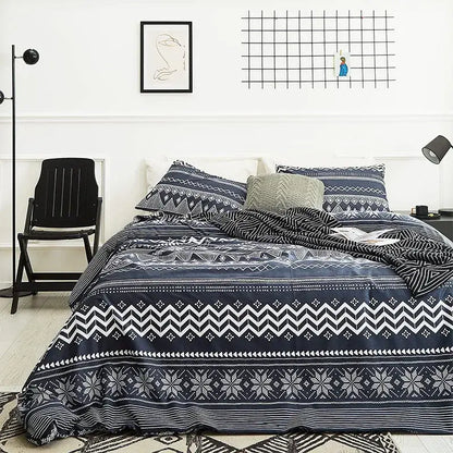 Navy blue and white geometric patterned bedding set with snowflake motifs in decorbites boho chic style duvet cover