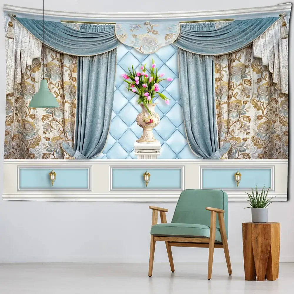 Boho chic blue and gold floral vase wall hanging featuring an elegant window scene with velvet drapes and tulips decorbites boho chic pattern