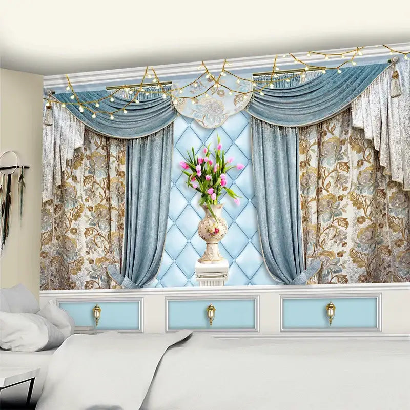 An ornate cream-colored vase with floral detailing holding pink tulips against a light blue quilted wall hanging decorbites boho chic pattern