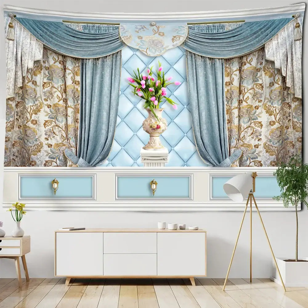 Boho chic blue and gold floral vase wall hanging with pink tulips on ornate pedestal decorbites boho chic pattern
