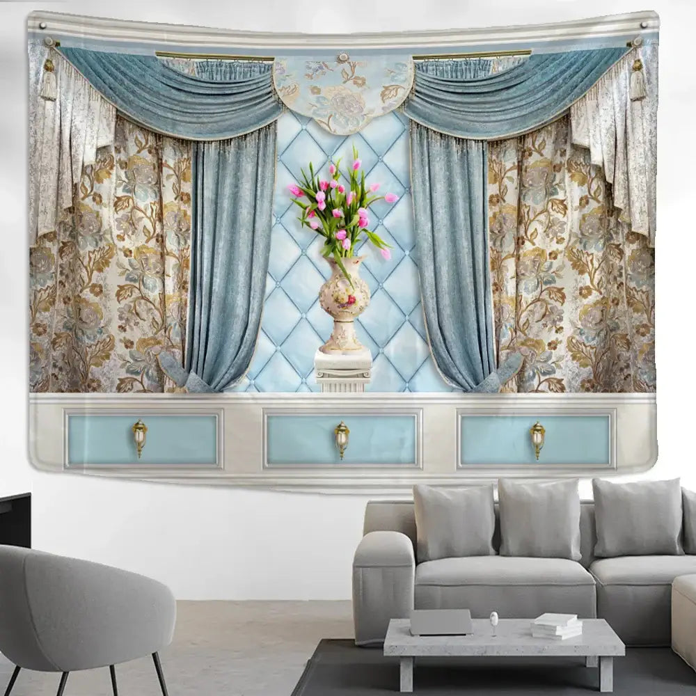 Boho chic decorbites wall hanging featuring blue and gold floral vase with boho chic pattern in living room decor