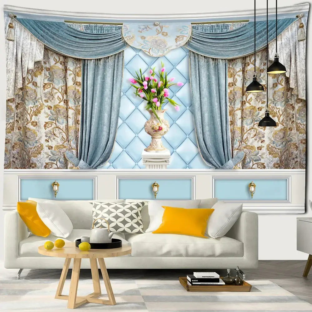 Blue and gold patterned wall hanging with central floral vase on white pedestal boho chic pattern decorbites boho chic
