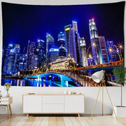 Decorbites boho chic night view blue and white cityscape tapestry featuring illuminated bridge for bedroom wall decor
