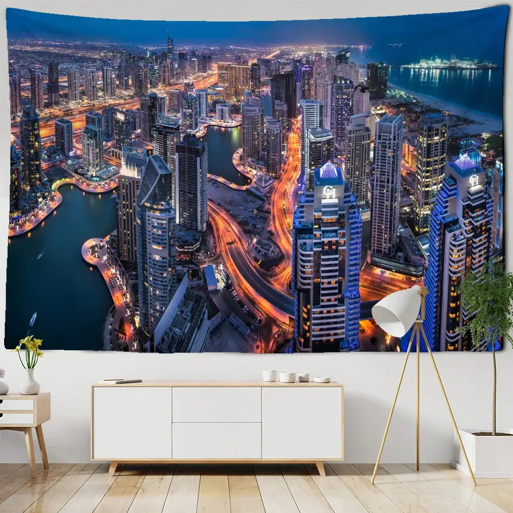 Boho chic night cityscape tapestry with vibrant blues and oranges printed on soft fabric for bedroom wall decorbites boho chic