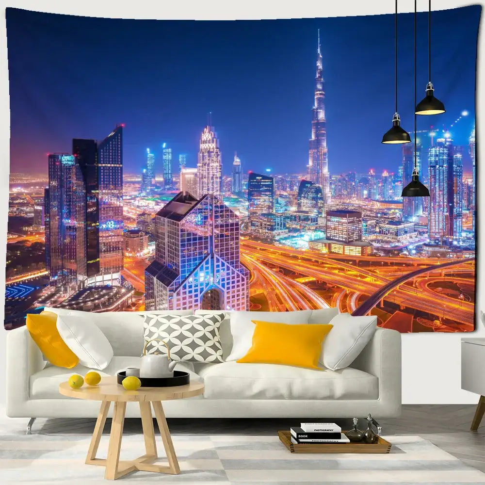 Boho chic night cityscape tapestry featuring dubai skyline with blue and white hues hanging above a white sofa decorbites