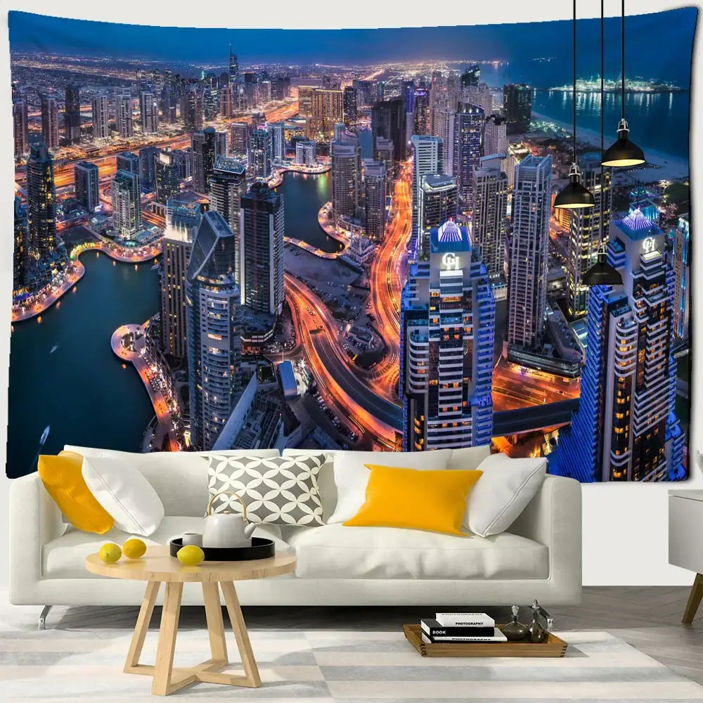 Boho chic night cityscape tapestry featuring vibrant blue and white illuminated skyscrapers for bedroom wall art decorbites boho chic