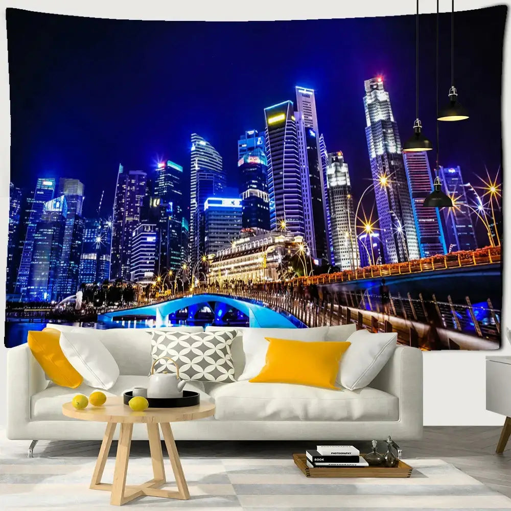Decorbites boho chic night view blue and white cityscape tapestry featuring glowing skyscrapers for bedroom wall art decor