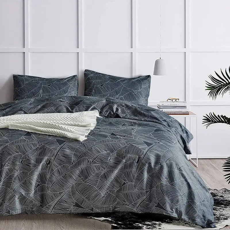 Dark gray duvet bedding set with subtle white leaf pattern and matching pillowcases from decorbites boho chic stripe collection
