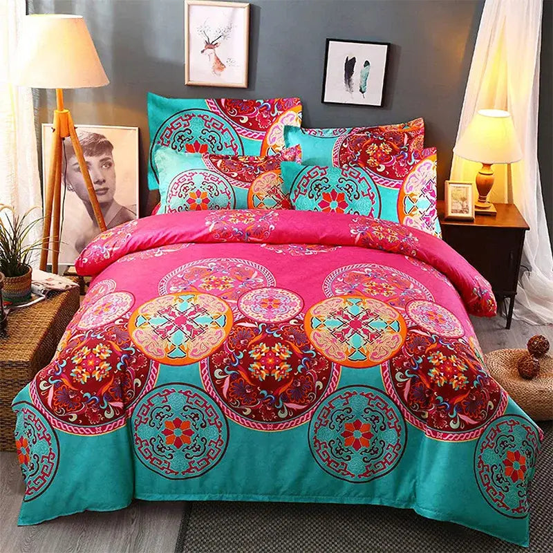 Vibrant pink and teal patterned bedding set with intricate mandala designs in red and gold by decorbites boho chic microfiber